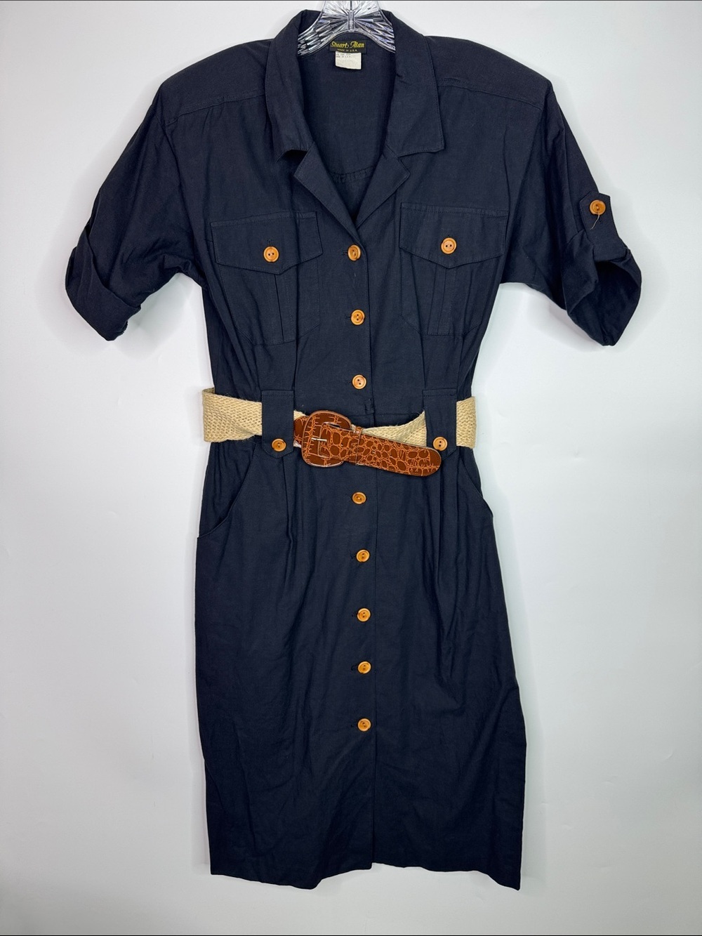 Vintage Stuart Alan Navy Blue Button Front Collared Dress Size 14 80s